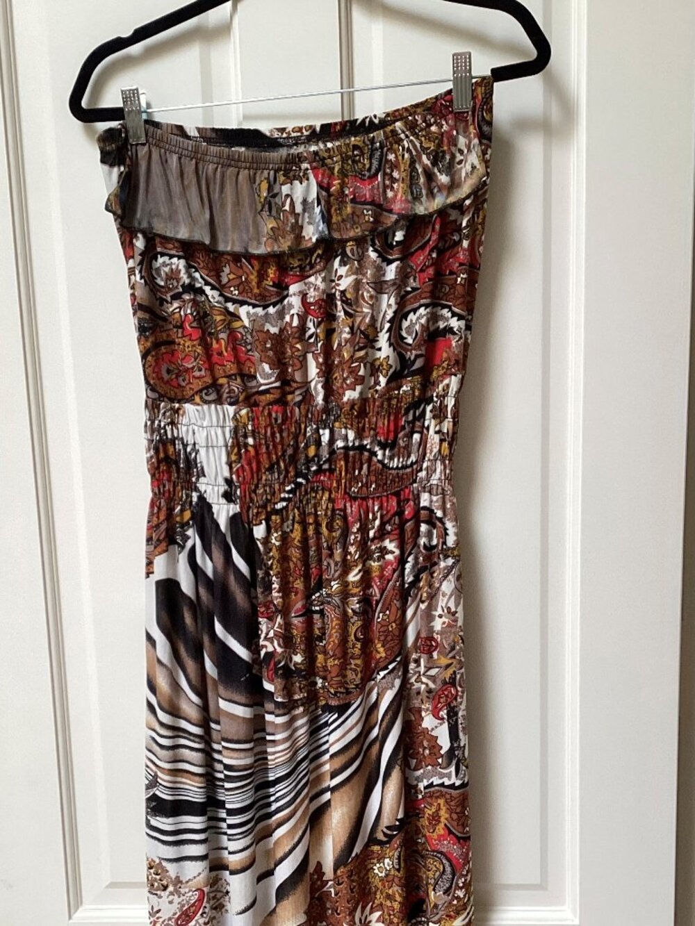 Red, gold and white paisley strapless maxi dress, size large, with elastisized w